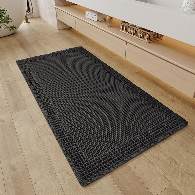 RESARE Waffle Bathroom Runner Rugs, Super Absorbent Bath Mat Non Slip Washable Quick Dry, Upgraded Ultra Soft Boho Bath Rugs with Tassels, Farmhouse Home Decor Accessories, 2'x4'(24"x48") Black