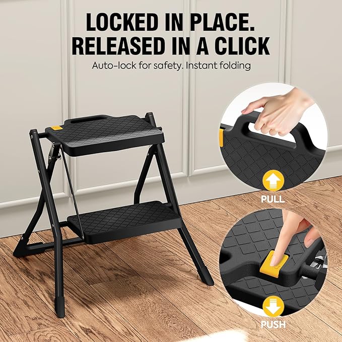 URACKIFY 2 Step Stool Foldable, Step Ladder with Non-Slip Rubber mat, Step Stool with Release Button, Lightweight Steel, Black, for up to 330LBS.