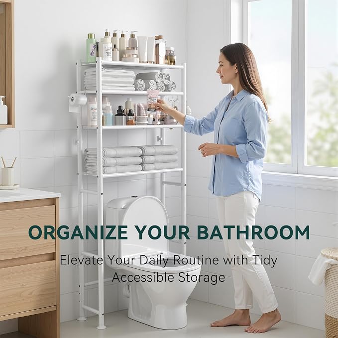 GloTika 4-Tier Over The Toilet Storage, 200lb Total Capacity Metal Bathroom Organizer with 36" Clearance, Includes Paper Holder & 4 Hooks, Space Saving Rack for Bathroom Laundry Room (64" H, White)