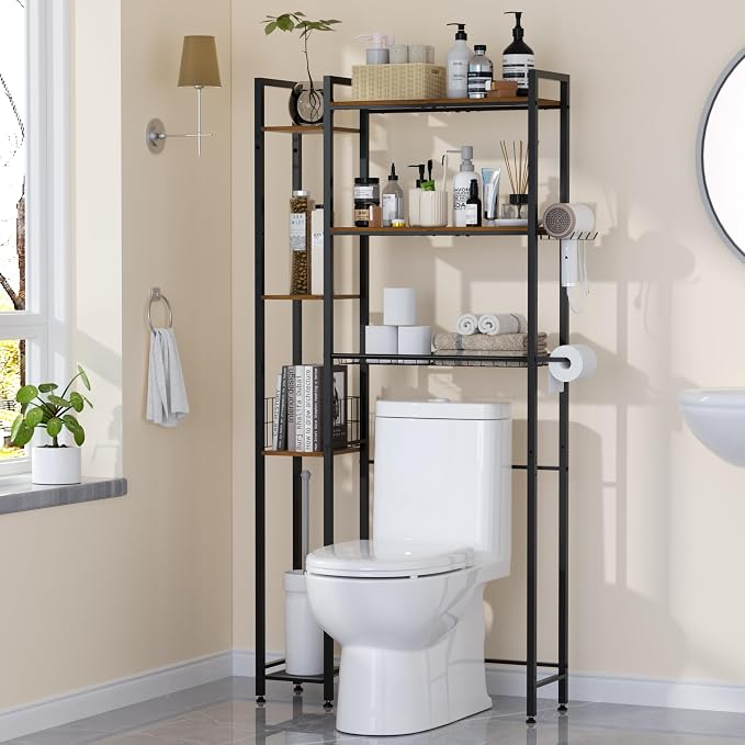 Over The Toilet Storage with Wooden Shelves and Side Rack, 7-Tier Metal Over Toilet Bathroom Organizer Freestanding Storage Shelf for Toilet Paper, Towels, Toiletries, Ideal for Small Bathroom