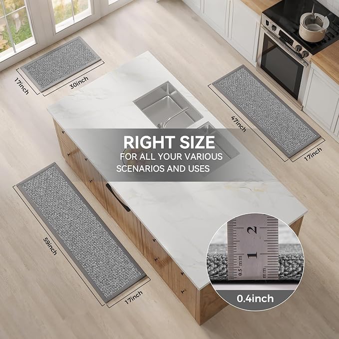 YDKGL Kitchen Runner Rugs Non Slip Washable Anti Fatigue, Super Absorbent 0.4" Thick Cushioned Long Kitchen Mats for Floor, Jute-Look Sink Floor Mat Laundry Standing Mat, Easy Clean, Gray 17"x59"