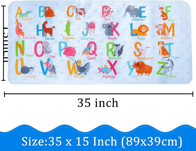 BEEHOMEE Bath Mats for Tub Kids,Baby Toddler - Large Cartoon Non-Slip Bathroom Bathtub Anti-Slip Shower Mats for Floor 35x15,Machine Washable XL Size Bathroom Mats (Alphabet)