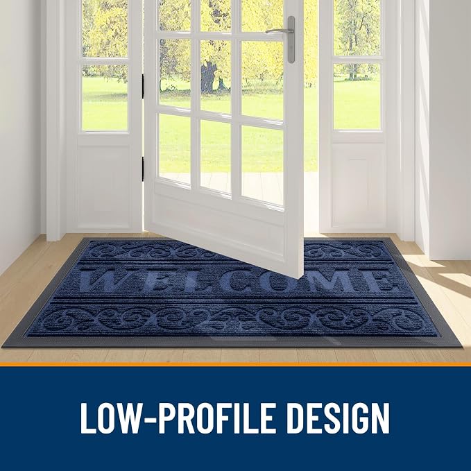 OLANLY Welcome Door Mat Indoor Outdoor Entrance, Heavy Duty Sturdy Front Door Mat, Waterproof All-Weather Doormat, Stain Resistant, Low Profile, Easy Clean Patio Entryway Mat, 47 x 24, Navy Blue