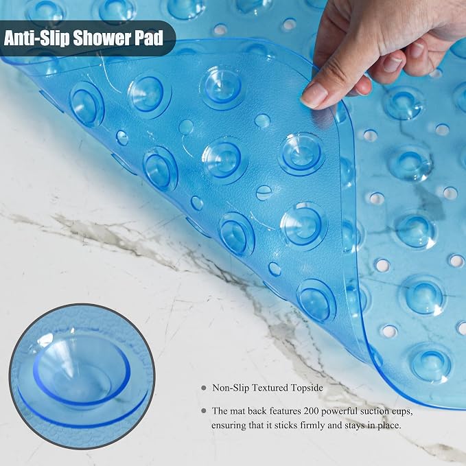 Large Non Slip Bathtub Mat, Extra Long Bath Mat for Tub, 40 x 16 Inch, Machine Washable Shower Mats with Suction Cups and Drain Holes, Bath Tub Mats for Bathroom Non Slip, Clear Blue