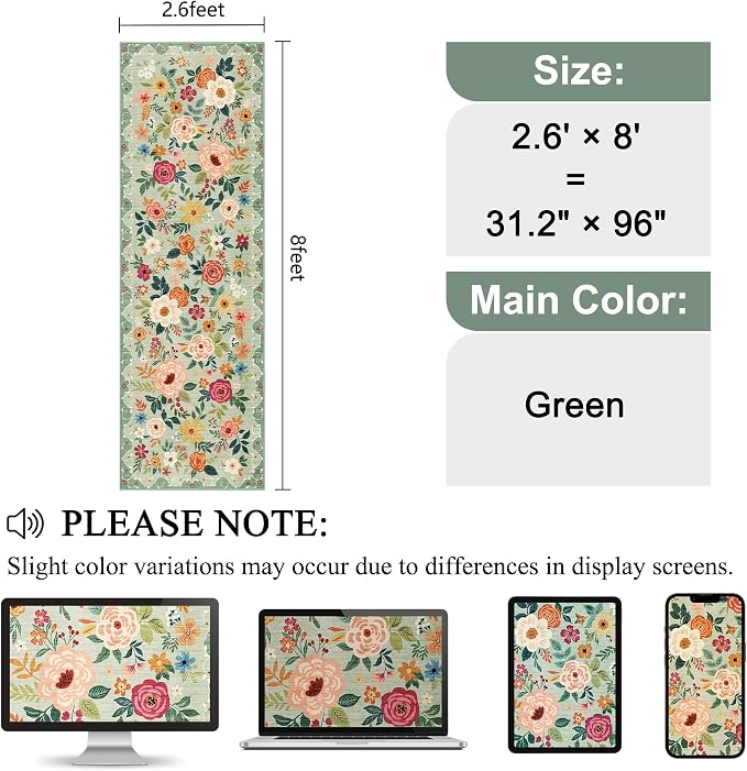 DUKINO 2.6x8 Kitchen Runner Rug for Hallway, Washable Runner Rug with Non Slip Backing, Low Pile Soft Boho Floral Carpet for Hallway, Kitchen, Entryway, Laundry, Bedroom, Green