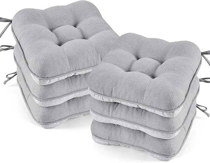 BETU Chair Cushions for Dining Chairs Set of 6,3.5" Thick Kitchen Table Chair Pads with Ties,Non Slip Backing and Covers, Seat Cushion for Dining Room,Bar,Patio Chairs,15.5"X15.5"X3.5",Light Grey