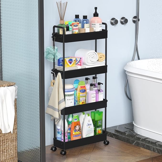 SOLEJAZZ Slim Rolling Storage Cart with Wheels 4 Tier Skinny Bathroom Storage Organizer Narrow Shelf Unit Thin Laundry Room Utility Cart for Bedside Kitchen Office Next to Fridge Small Places, Black