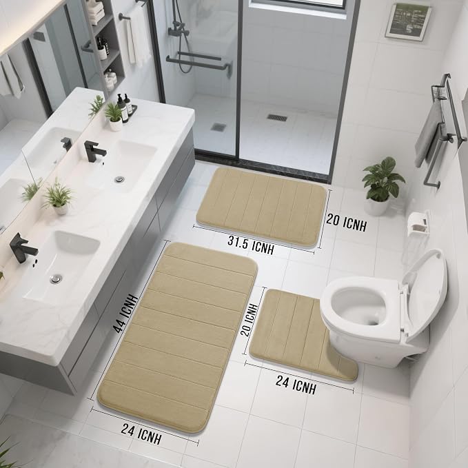 Yimobra 3 Pieces Memory Foam Bath Mat Set with U-Shaped Toilet Rug - Non Slip Super Soft Absorbent Quick Dry Bathroom Rugs for Bathtub, Vanity & Toilet Base, Pale Khaki