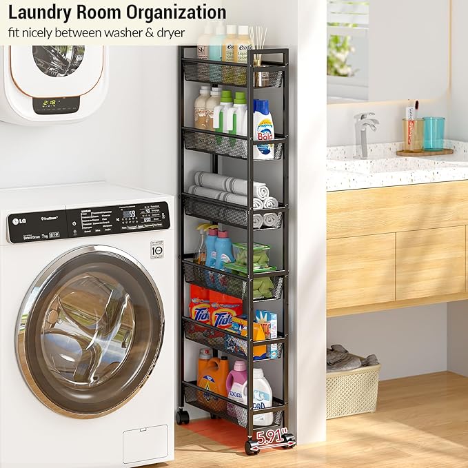ThreeHio 6 Tier Slim Storage Cart, Narrow Cart with Wheels, Metal Mobile Shelving Unit Organizer for Kitchen, Bathroom, Laundry Room, Living Room & Narrow Spaces, Black, 6in(W)