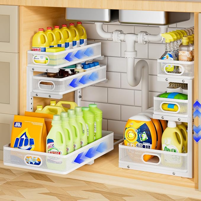 Under Sink Organizer 3 Tier, 2 Pack L-Shaped Pull-Out Cabinet Organizer with Sliding Metal Mesh Drawers, Height Adjustable Under Sink Storage Rack for Kitchen Bathroom Cabinet, White
