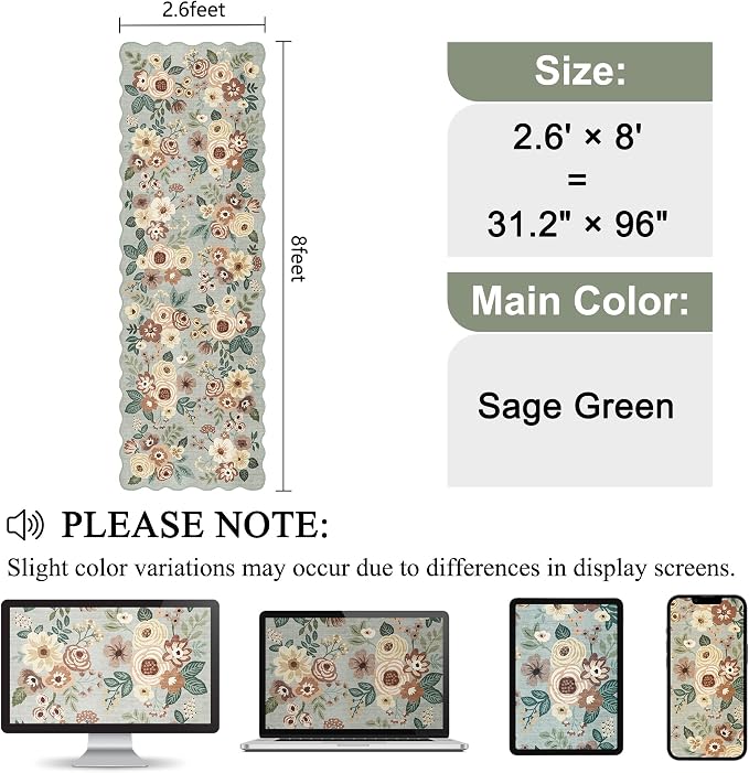 DUKINO 2.6x8 Runner Rug for Hallway, Washable Kitchen Rug with Non Slip Backing & Non-Shediing, Soft Low Pile Floral Design Runner for Bedroom, Kithchen, Living Room, Laundry, Bathroom, Sage Green