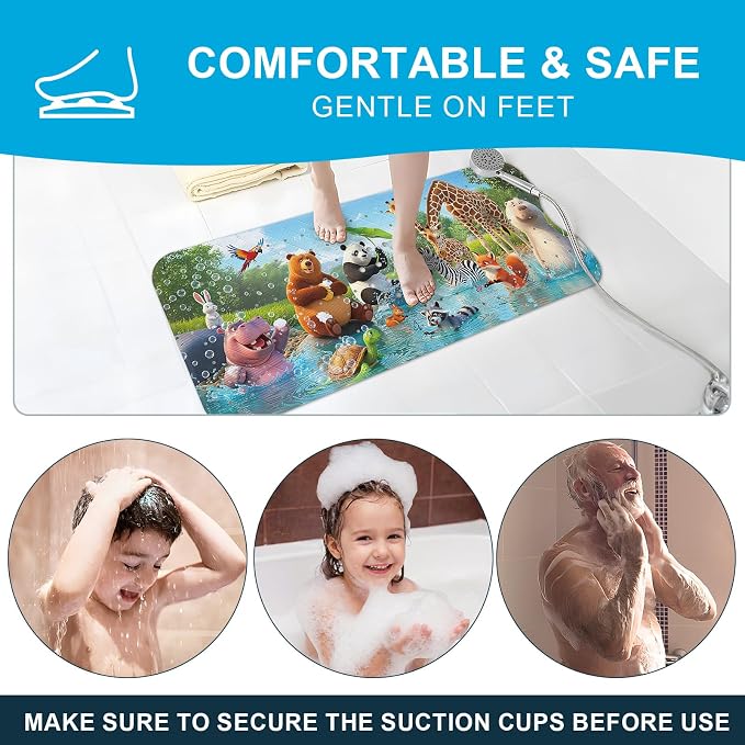 XIYUNTE Baby Bath Mat for Tub Non Slip Kids, BPA Free Extra Long Bathtub Mat 40x16 with Drain Holes and 200 Suction Cups, Non Toxic Machine Washable Toddler Bath Mat, Eco-Friendly Certified