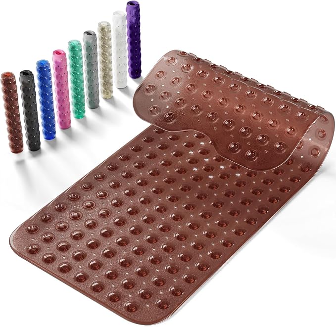Non-Slip Bath Tub Mat, 39x16 Inch Extra Large Shower Mat with Drain Holes & Suction Cups, Machine Washable, Clear Brown