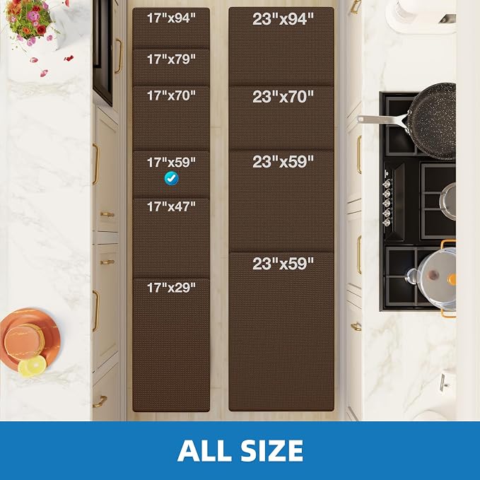 Kitchen Mats for Floor - 17"x59" Anti Fatigue Mats for Kitchen Floor - Non Slip Cushioned Rugs for Standing - Brown