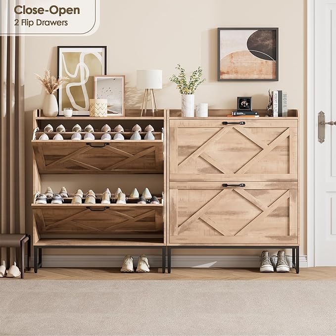 Nicetree Shoe Cabinet with 2 Flip Drawers，Freestanding Shoe Storage Cabinet, Narrow Shoe Organizer Cabinet, Farmhouse Slim Shoe Rack Cabinet for Entryway, Oak with Hook
