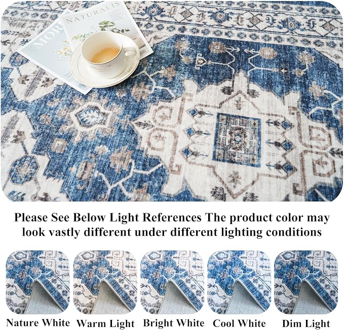 Washable 4x8 Hallway Runner Rug: Vintage 8ft Soft Runners for Entry Kitchen Wide Low Pile Carpet with Non-Slip Backing for Living Room Bedroom Thin Bathroom Carpet for Dining Room Foyer（4x8,Blue