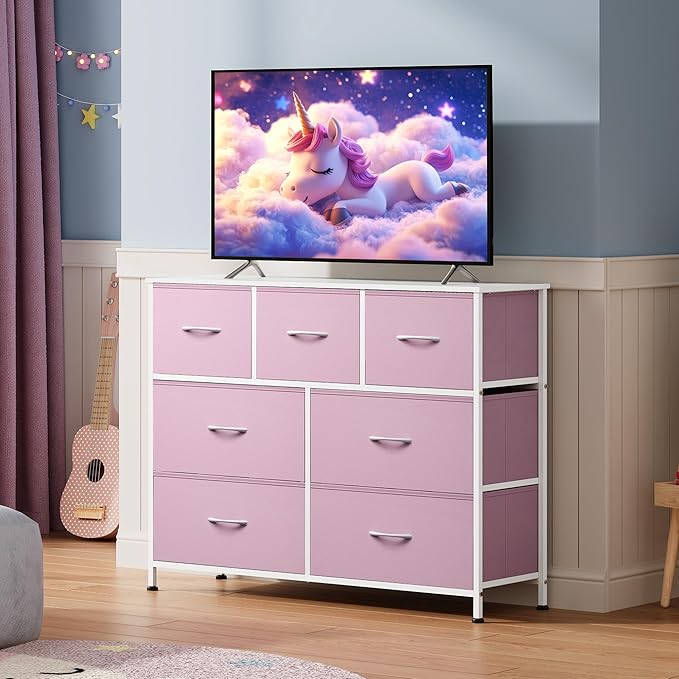 WLIVE 7 Drawer Dresser TV Stand, Entertainment Center, Media Console Table with Metal Frame and Wood Top for TV up to 45 inch, Chest of Drawers for Bedroom, Living Room, A-Pink