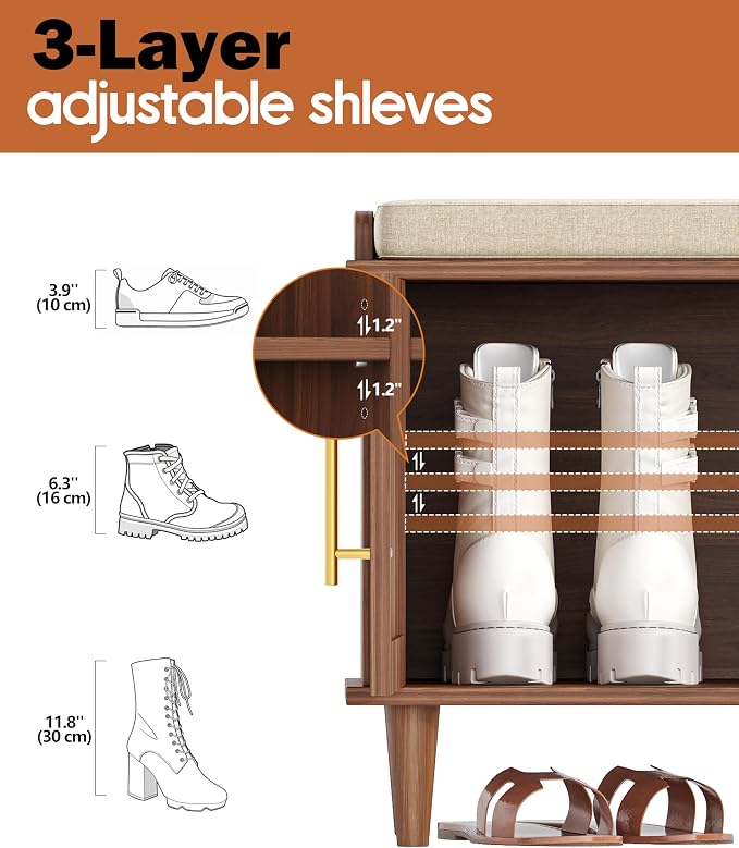 Akxomel Rattan Shoe Storage Bench with Cushion, 2-Tier Entryway Bench with Adjustable Shelves and 4 Doors, 15" D x 47.2" W x 20" H, Solid Wood Legs, for Hallway, Living Room, Bedroom, Walnut