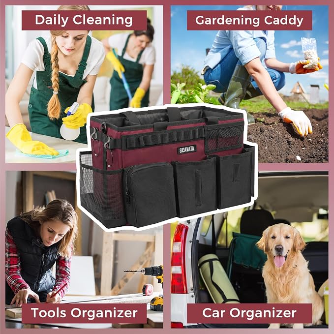SCAVATA Wearable Cleaning Caddy Bag, Cleaning Caddy Supplies Organizer with Handle & Shoulder Straps for Housekeepers, Under Sink & Car Cleaning Tool Organizers with 4 Foldable Divider (Magenta)