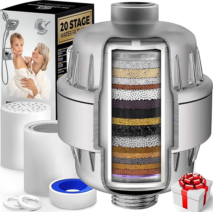 AquaHomeGroup 20 Stage Shower Filter with Vitamin C and E - Reduces Chlorine, Heavy Metals and Sediment - 2 Cartridges Included - High Pressure - Matte Chrome