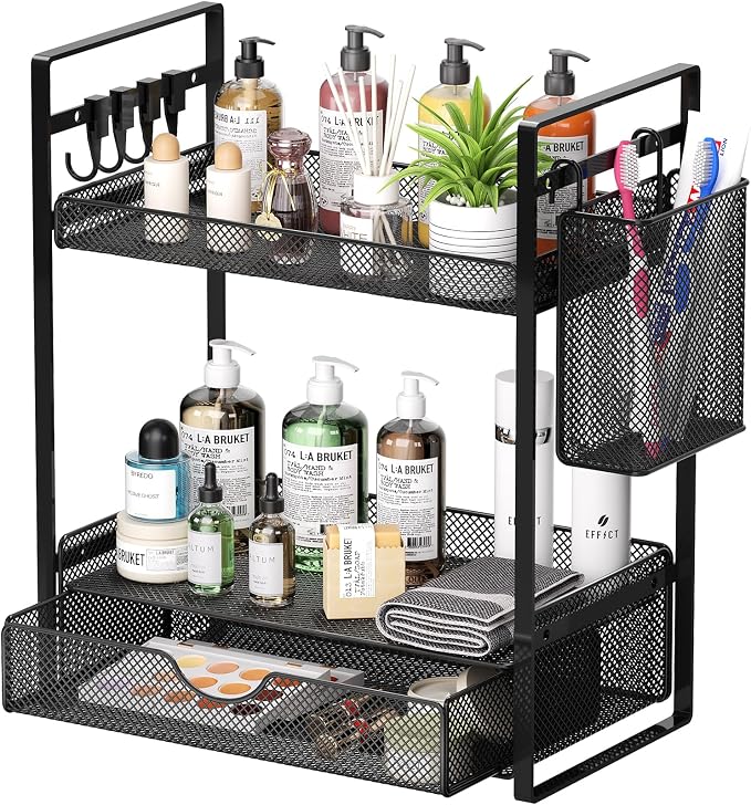 VITVITI 2 Tier Bathroom Organizer Countertop with Drawer, Metal Mesh Bathroom Counter Vanity Organizer Storage, Bath Room Sink Kitchen Spice Rack with Basket Hooks, Black
