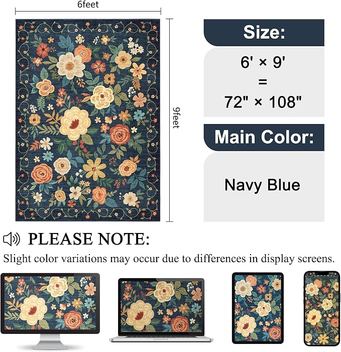 DUKINO 6x9 Area Rug, Floral Rugs for Living Room, Lightweight Non Slip Washable Rug, Indoor Low Pile & Non-Shedding Boho Design Rugs for Bedroom, Living Room, Dining Room, Dark Blue
