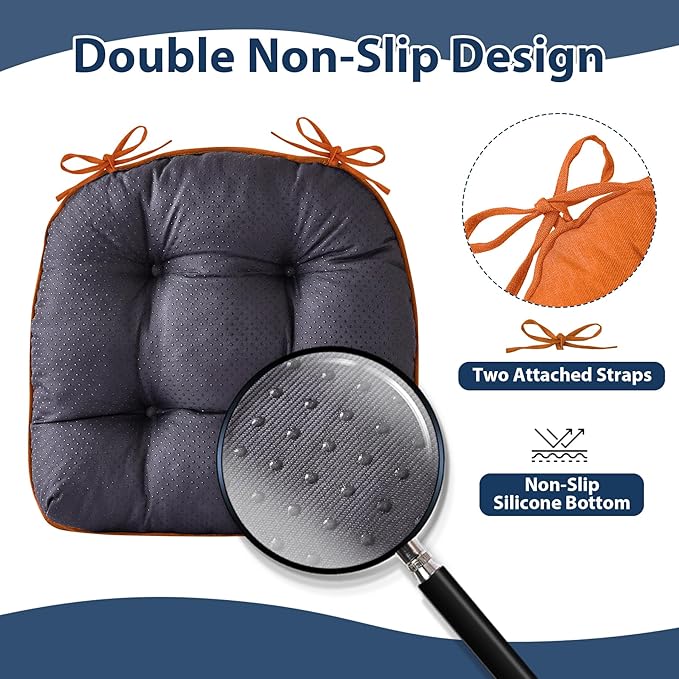 IASEAHK Chair Cushions for Dining Chairs, Seat Cushions for Kitchen Chairs, Indoor Seat Cushions with Ties, Tufted Foam Chair Pads, Non Slip Chair Cushions Set of 6, 15.5" x 15.5" x 4", Orange