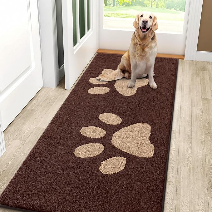Smiry Dog Door Mat for Muddy Paws, Absorbs Moisture and Dirt, Low-Profile Entryway Mat with Non-Slip Backing, Entry Indoor Outdoor Doormat for Inside Floor (59x20 Inches, Brown, Paw)