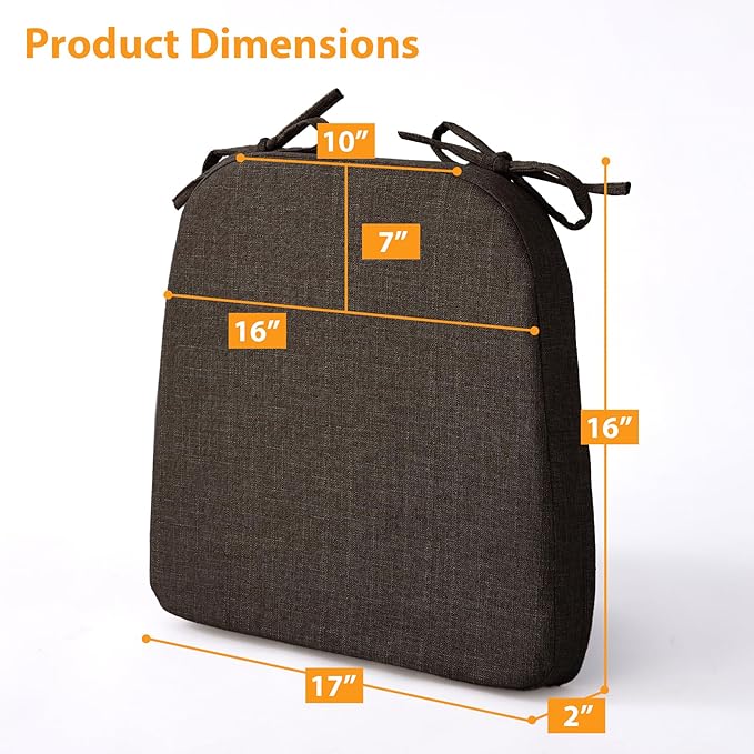 Ruqmuis Chair Cushions for Dining Chairs, 2" Thick Seat Cushions for Kitchen Chairs, D-Shaped Chair Pads with Washable Cover, Ties and Non Slip Backing, 17'' x 16'', Set of 6, Brown