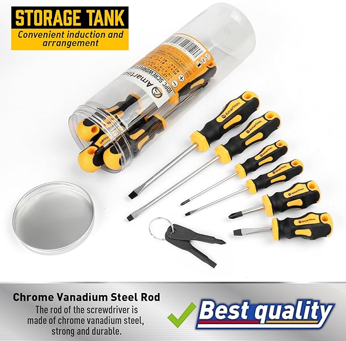 Amartisan 10-Piece Magnetic Screwdrivers Set, 5 Phillips and 5 Slotted Tips Professional Cushion Grip Screwdriver Set 2pcs Portable Multifunction Key Mini Screwdriver (Yellow)
