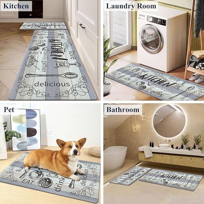 HEBE Kitchen Rugs Set of 2, Cushioned Anti Fatigue Kitchen Mats for Floor, Non Slip Waterproof Comfort Standing Desk Mat Carpet for Sink, Stove, Laundry Room