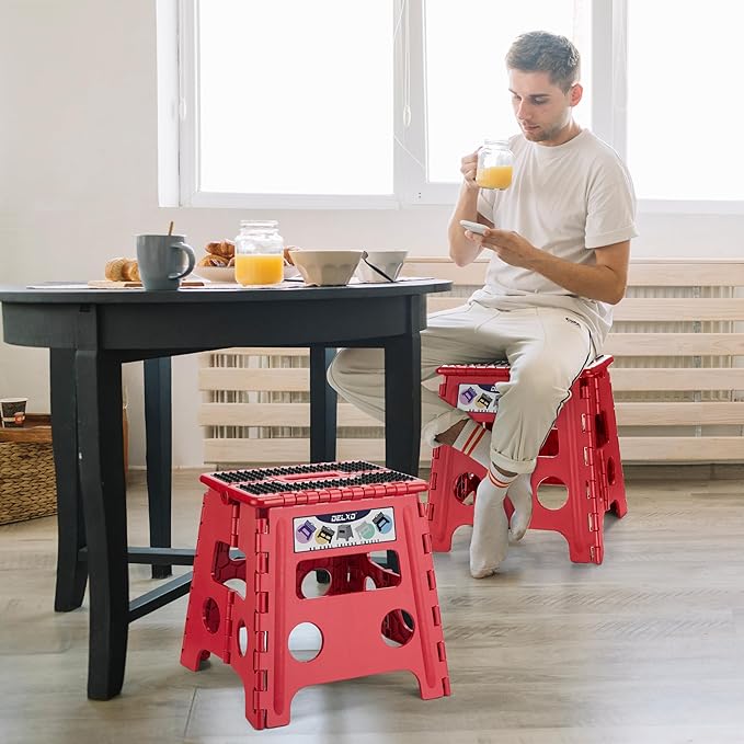 Delxo Folding Step Stool, 13 inch Non-Slip Foldable Stools Up to 300 LBS, Step Stool with Handle, Lightweight for Kitchen, Bathroom, Bedroom, Garden, Dotted Texture, Red,1PC
