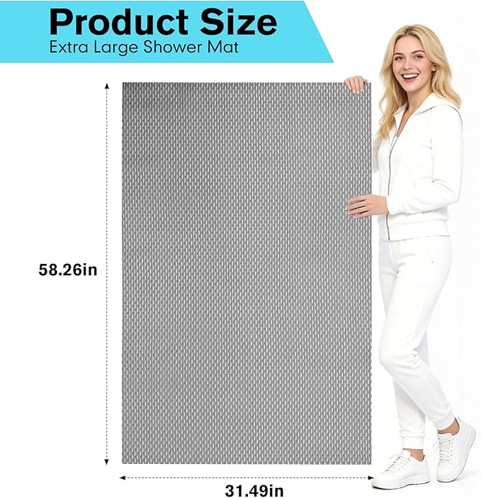 Extra Large Non-Slip Shower Mat, 58.26" x 31.49" Bathroom Shower Mat, Fast-Dry Drainage Hole PVC Bath Tub Mat, Anti Slip Bathroom Safety Accessory for Elderly/Kids, Gray