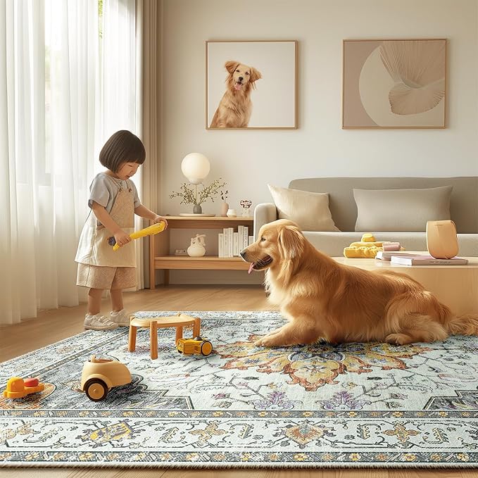 RELEANY Area Rugs 3'x5' Washable Non-Slip, Floral Vintage Distress Medallion Carpet for Living Room Bedroom Dining Room, Beige Carbon Grey Orange