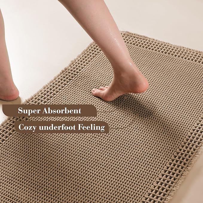 RESARE Waffle Bathroom Runner Rugs, Super Absorbent Bath Mat Non Slip Washable Quick Dry, Upgraded Ultra Soft Boho Bath Rugs with Tassels, Farmhouse Home Decor Accessories, 2'x4'(24"x48") Brown
