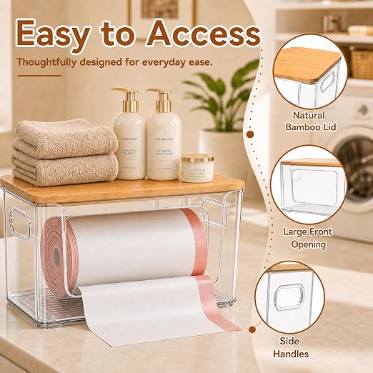 Trash Bag Holder 2 Pack, Stackable Garbage Bag Dispenser with Bamboo Lid, Extra Large Trashbag Dispenser for 13/30/33 Gallon Bags, Clear Organizer for Under Sink Kitchen Laundry Room