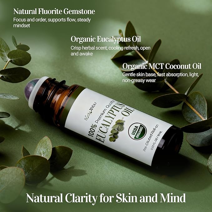 Eucalyptus Essential Oil Roll On for Sinus Congestion Headache - 100% Pure USDA Organic MCT Coconut Oil - Cooling Breathwork Chest Aromatherapy Mental Clarity Focus - Gemstone Roller 10ml Travel Size