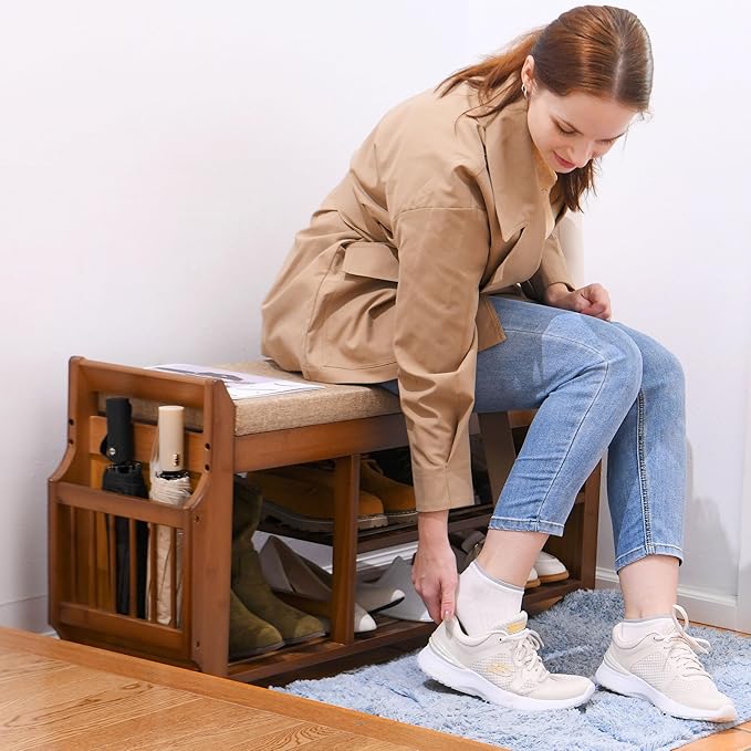 PETKABOO Shoe Bench with Hidden Drawer and Side Holder, 2 Tier Entryway Bench with Storage 39.4 in, Bamboo Shoe Rack with Cushion for Entryway Hallway Living Room Bedroom