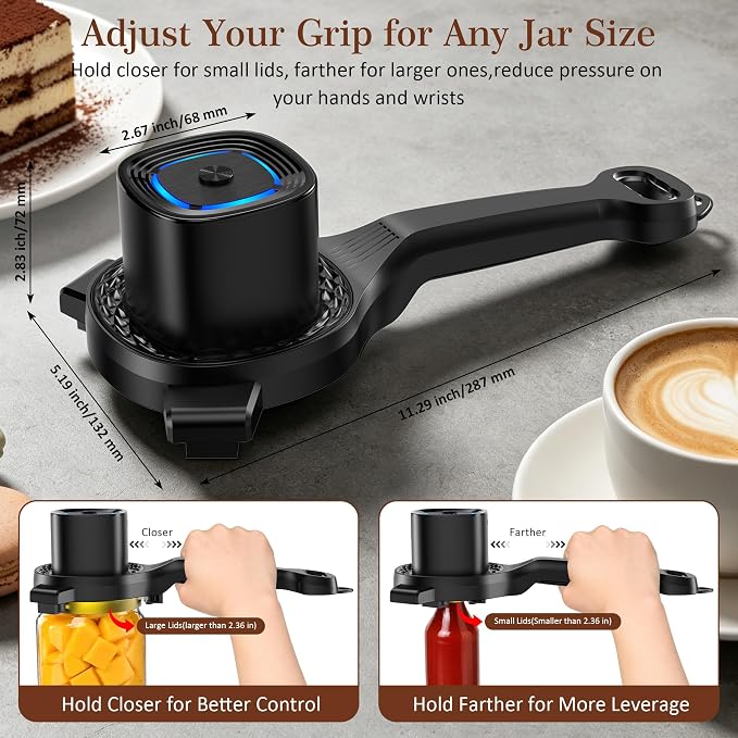 Electric Jar Opener for Seniors with Auto-Adjusting Gripper, Rechargeable Jar & Bottle Openers for Weak Hands and Arthritis, Easy Twist Off Lid Opener with Rubber Gripper Pad, Fits 1"-3.5" Lids(Black)