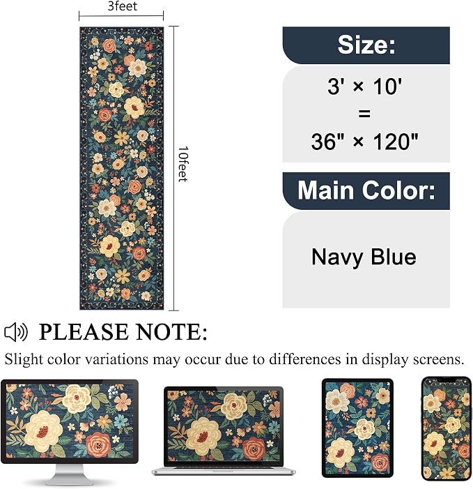 DUKINO 3x10 Runner Rug for Hallway, Washable Kitchen Floral Runner Rug with Non Slip Backing, Low Pile Soft Boho Carpet for Kitchen, Hallway, Entryway, Laundry, Bedroom, Navy Blue