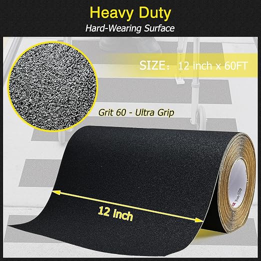 S&X Anti Slip Tape 12 Inch x 60 FT Roll Black Grit 60 Exceptional Traction Non-Slip Skid Grip Tape for Outdoor Stair Treads, Wooden Steps & Exterior Grips - Long-Lasting Tread Strips