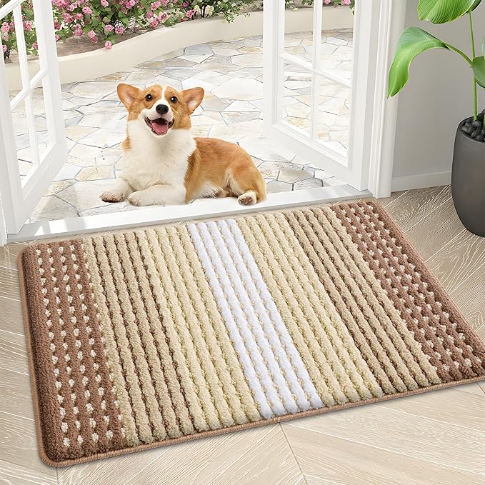 Kitinjoy Indoor Outdoor Door Mat, 30x17 Non-Slip Absorbent Dirt Trapper, Low-Profile Washable Inside Entrance Front Floor Mat, Sturdy Soft Entry Dotted Ombre Doormats for Entryway, Light Brown