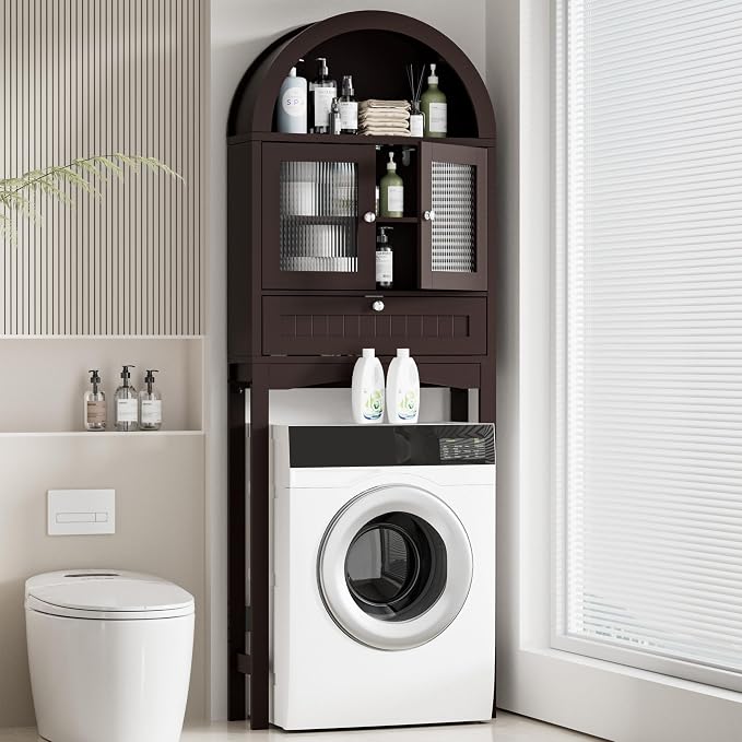 Spurgehom Over The Toilet Storage Cabinet, Bathroom Shelf Organizer Freestanding, Bathroom Arch Cabinet Over Toilet with Glass Door and Anti-Tipping Device, Coffee