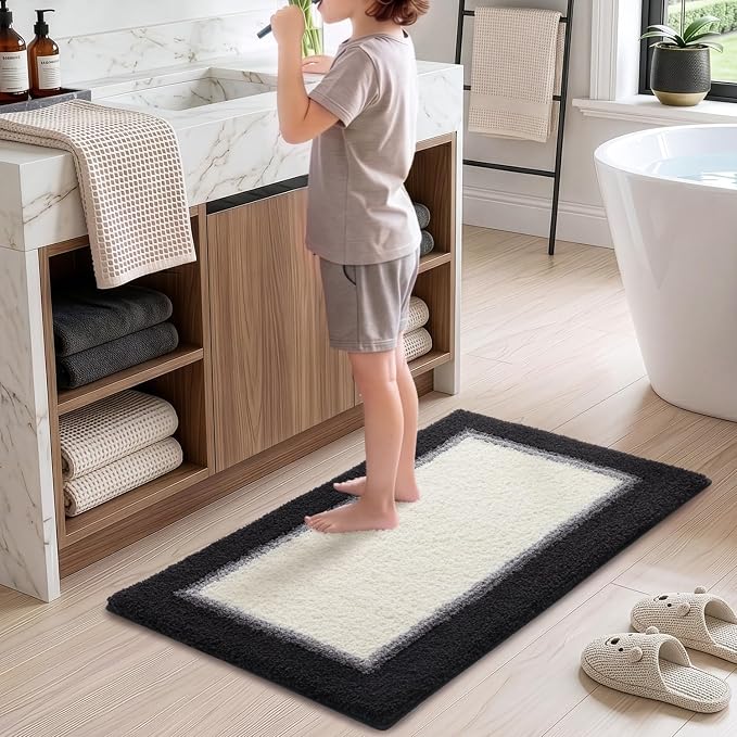 DEXI Bathroom Rugs 43x24, Absorbent Extra Soft Plush Microfiber Bath Mat for Bathroom, Non Slip Washable Bathmat Quick Dry for Shower Floor, Sink, Tub, Laundry Room, Black and White