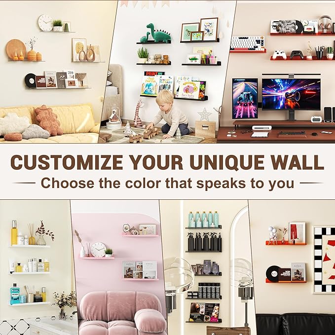 Qukaka Floating Shelves for Wall Decor, 15" Extra Clear Wall Shelves for Bedroom, Living Room, Kitchen, Bathroom Decor, Nail Polish/Book/Decoration/Makeup/Perfume Organizer Floating Shelf-12Pack