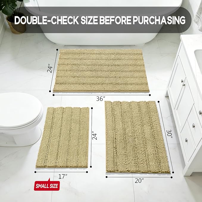 Bcoimo 30"×20" Chenille Bath Mat – Non-Slip with Backing Bath Rug Ultra-Absorbent and Machine Washable Bathroom Mat Quick-Dry Design. Ideal for Bathroom Shower and Tub Areas