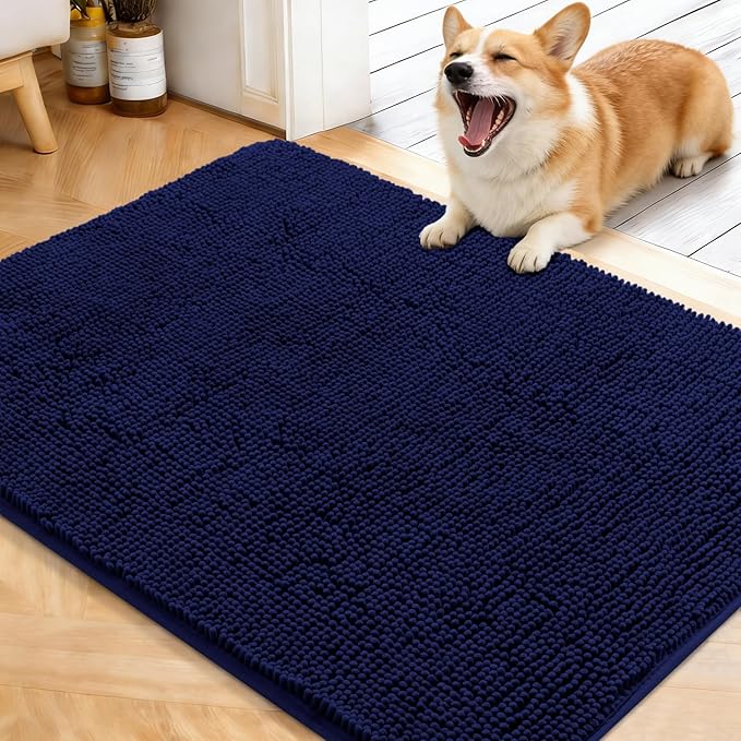 OLANLY Dog Door Mat for Muddy Paws 40x32, Absorbs Moisture and Dirt, Absorbent Non-Slip Washable Doormat, Quick Dry Chenille Mud Mat for Dogs, Entry Indoor Entryway Carpet for Inside Floor, Navy Blue