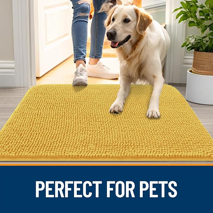 OLANLY Dog Door Mat for Muddy Paws 70x35, Absorbs Moisture and Dirt, Absorbent Non-Slip Washable Doormat, Quick Dry Chenille Mud Mat for Dogs, Entry Indoor Entryway Carpet for Inside Floor, Yellow