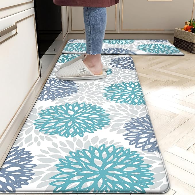 Teal Kitchen Mats Set of 2 Cushioned Anti Fatigue Kitchen Rugs Non Slip Waterproof Runner Memory Foam Kitchen Floor Mat Comfort Standing Mat for Sink,Office,Laundry