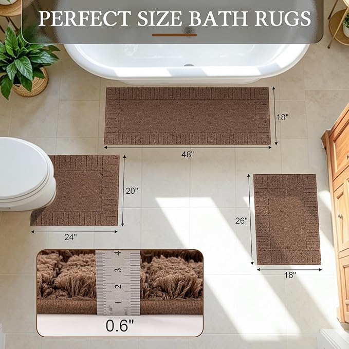 Pauwer Bathroom Rugs Sets 3 Piece Non Slip Machine Washable Bathroom Shower Rugs with U-Shaped Contour Toilet Mat Plush Shaggy Absorbent Microfiber Bath Mat Set, Dark Brown